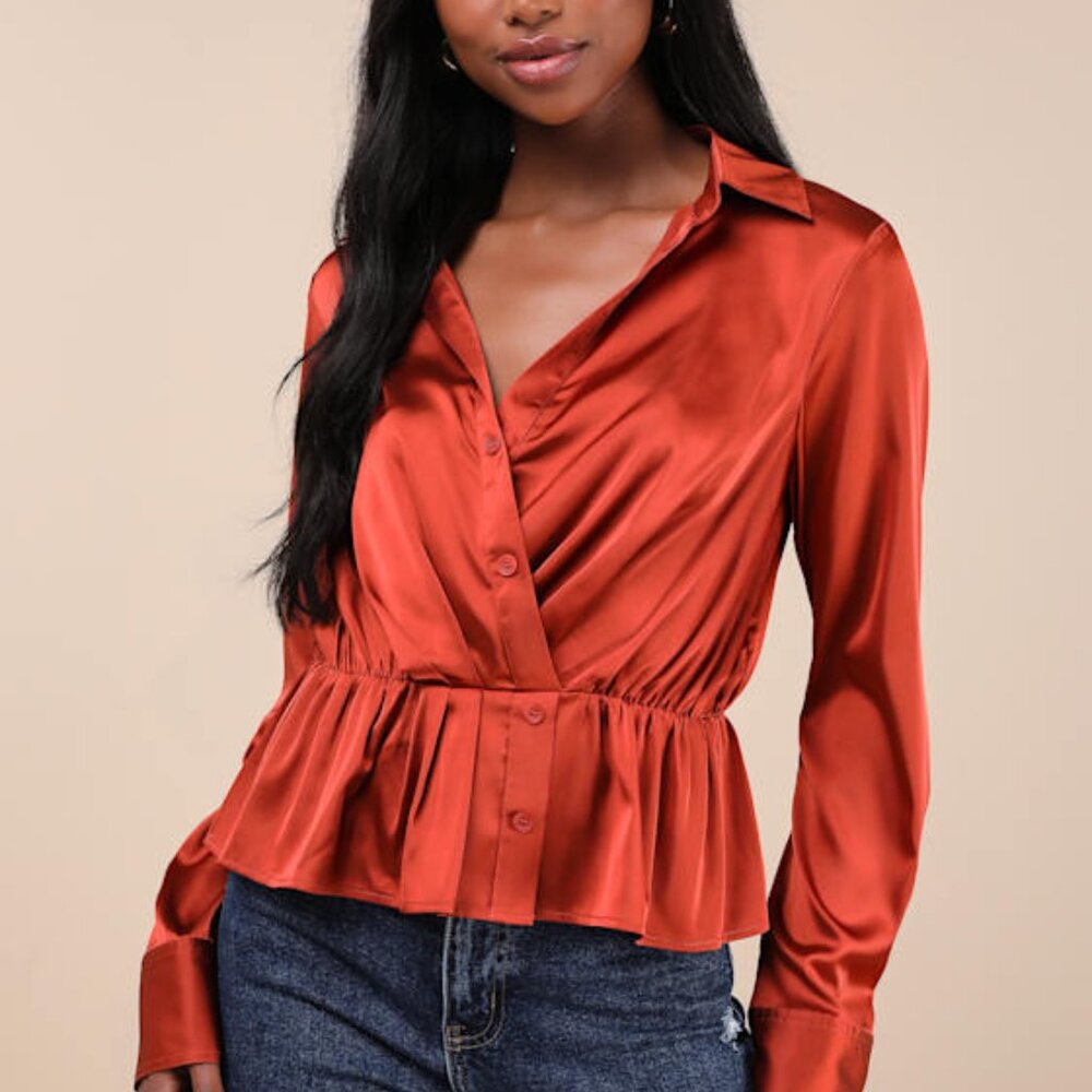Lulus Considered Sophistication Rust Satin Long Sleeve Collared Top - Size L
